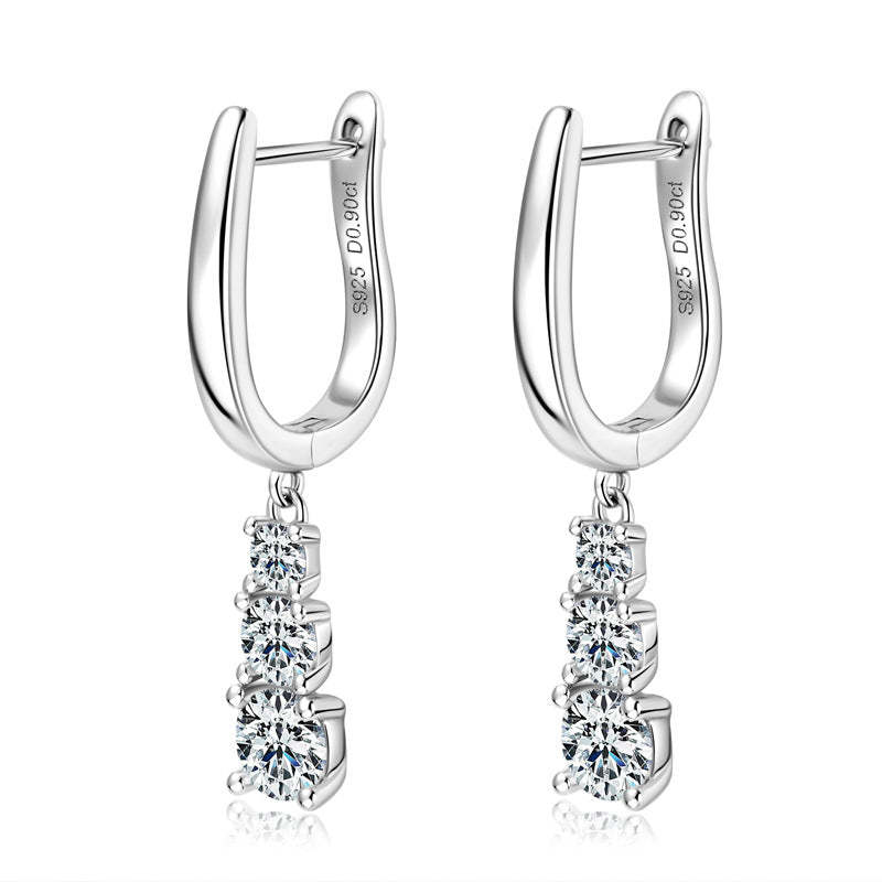 Moissanite Sparkle Three Stone Round Cut Tassel Stud Earrings-Sterling Silver-lornajewelry