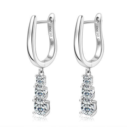 Moissanite Sparkle Three Stone Round Cut Tassel Stud Earrings-Sterling Silver-lornajewelry