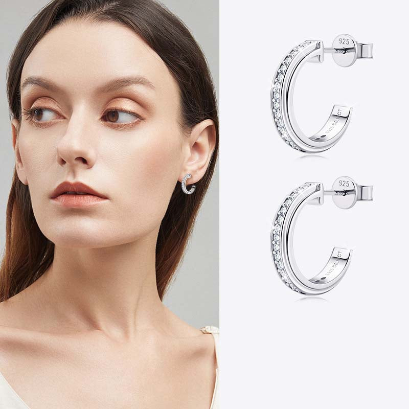 Moissanite Round Cut Curved Stud Earrings-Sterling Silver-lornajewelry