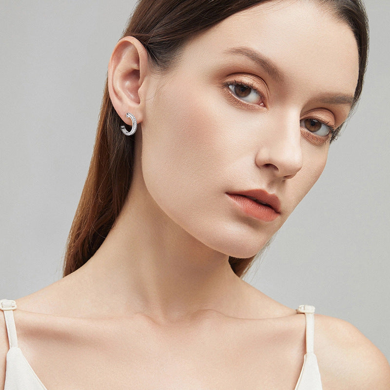 Moissanite Round Cut Curved Stud Earrings-Sterling Silver-lornajewelry