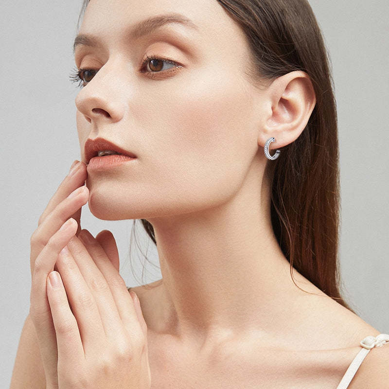 Moissanite Round Cut Curved Stud Earrings-Sterling Silver-lornajewelry