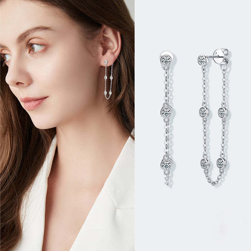 Moissanite Chain Tassel Stud Earrings-Sterling Silver-lornajewelry