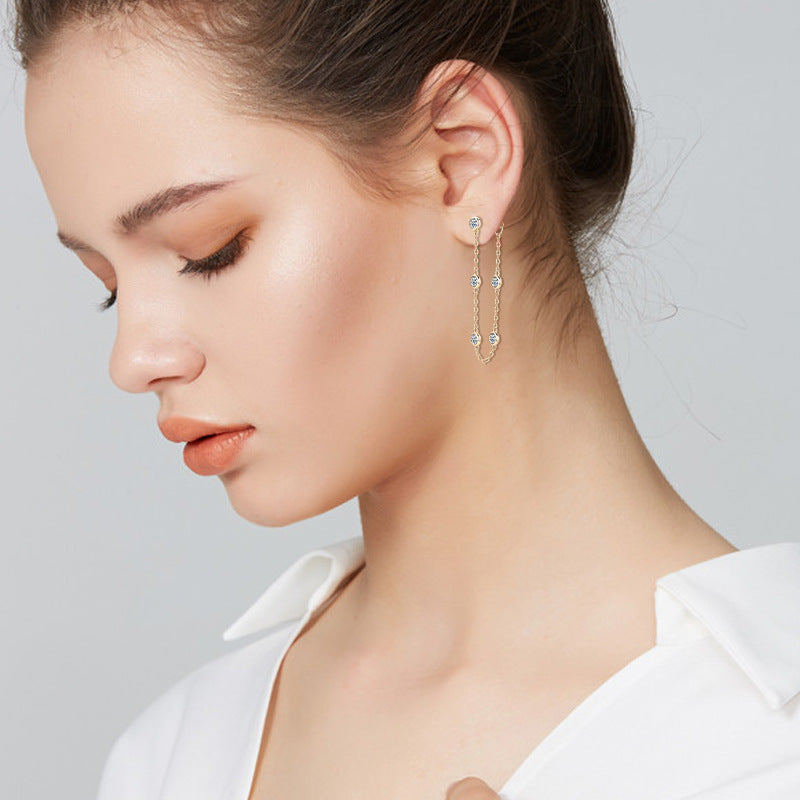 Moissanite Chain Tassel Stud Earrings-Sterling Silver-lornajewelry