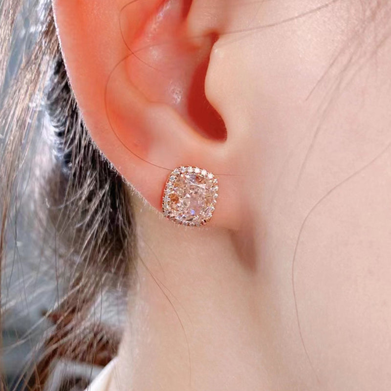 Elegant Rose Gold Halo Cushion Cut Pink Stone Stud Earrings-Sterling Silver-lornajewelry