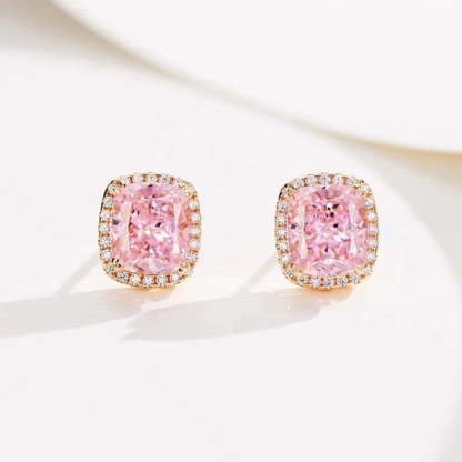 Elegant Rose Gold Halo Cushion Cut Pink Stone Stud Earrings-Sterling Silver-lornajewelry