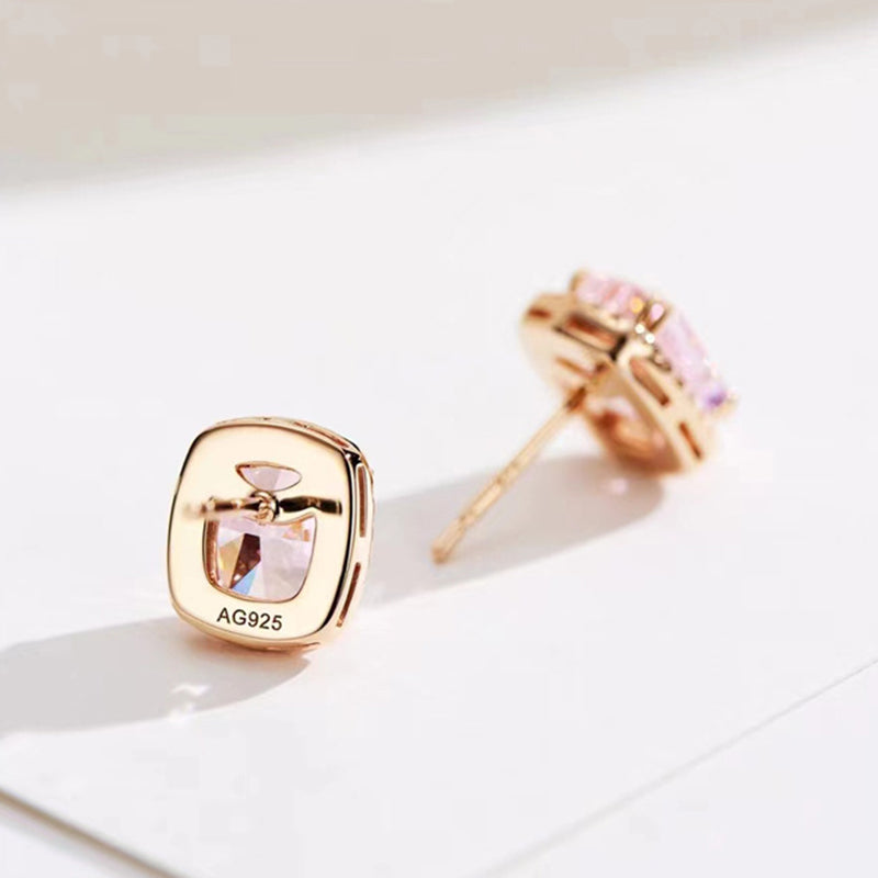 Elegant Rose Gold Halo Cushion Cut Pink Stone Stud Earrings-Sterling Silver-lornajewelry