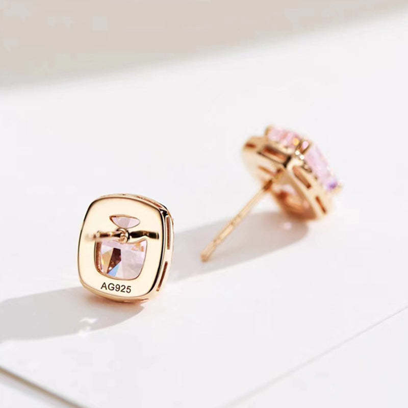 Elegant Rose Gold Halo Cushion Cut Pink Stone Stud Earrings-Sterling Silver-lornajewelry