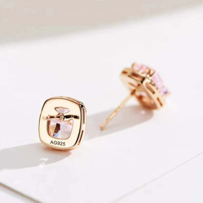 Elegant Rose Gold Halo Cushion Cut Pink Stone Stud Earrings-Sterling Silver-lornajewelry