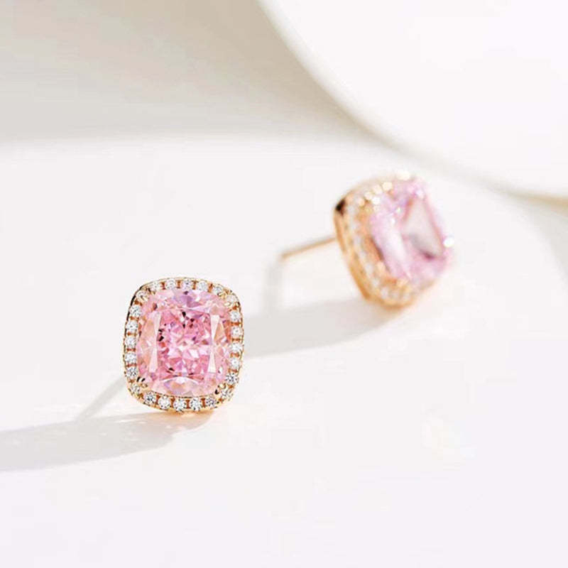 Elegant Rose Gold Halo Cushion Cut Pink Stone Stud Earrings-Sterling Silver-lornajewelry
