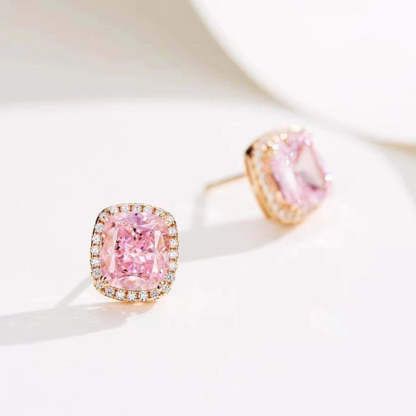 Elegant Rose Gold Halo Cushion Cut Pink Stone Stud Earrings-Sterling Silver-lornajewelry