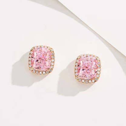 Elegant Rose Gold Halo Cushion Cut Pink Stone Stud Earrings-Sterling Silver-lornajewelry