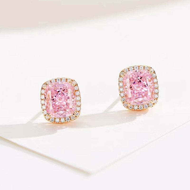 Elegant Rose Gold Halo Cushion Cut Pink Stone Stud Earrings-Sterling Silver-lornajewelry