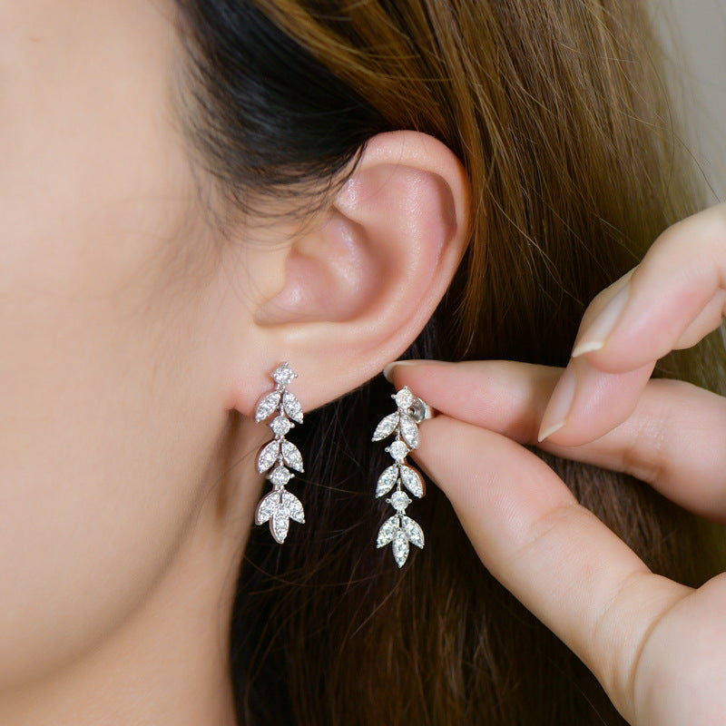 Moissanite Tassel Leaf Earrings-Sterling Silver-lornajewelry