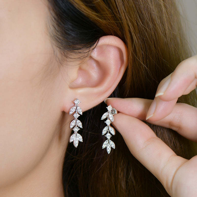 Moissanite Tassel Leaf Earrings-Sterling Silver-lornajewelry