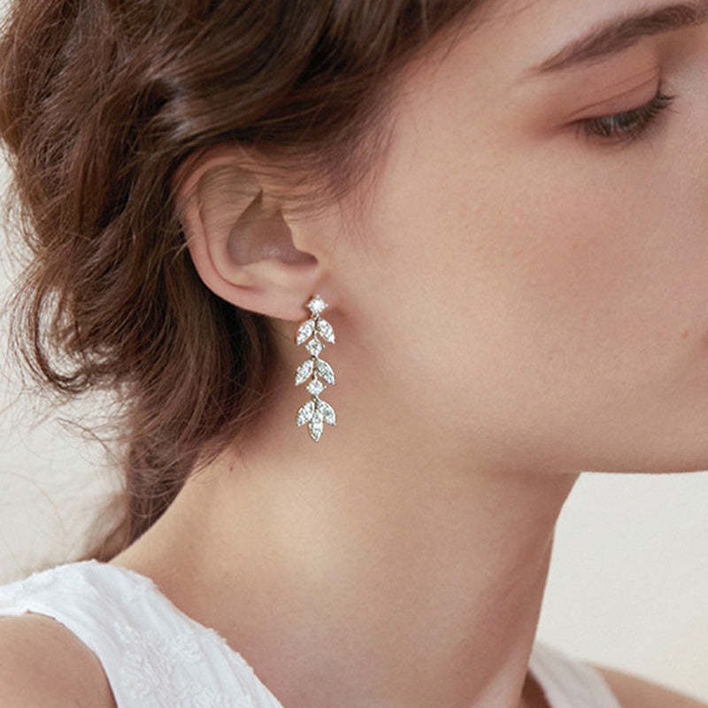 Moissanite Tassel Leaf Earrings-Sterling Silver-lornajewelry