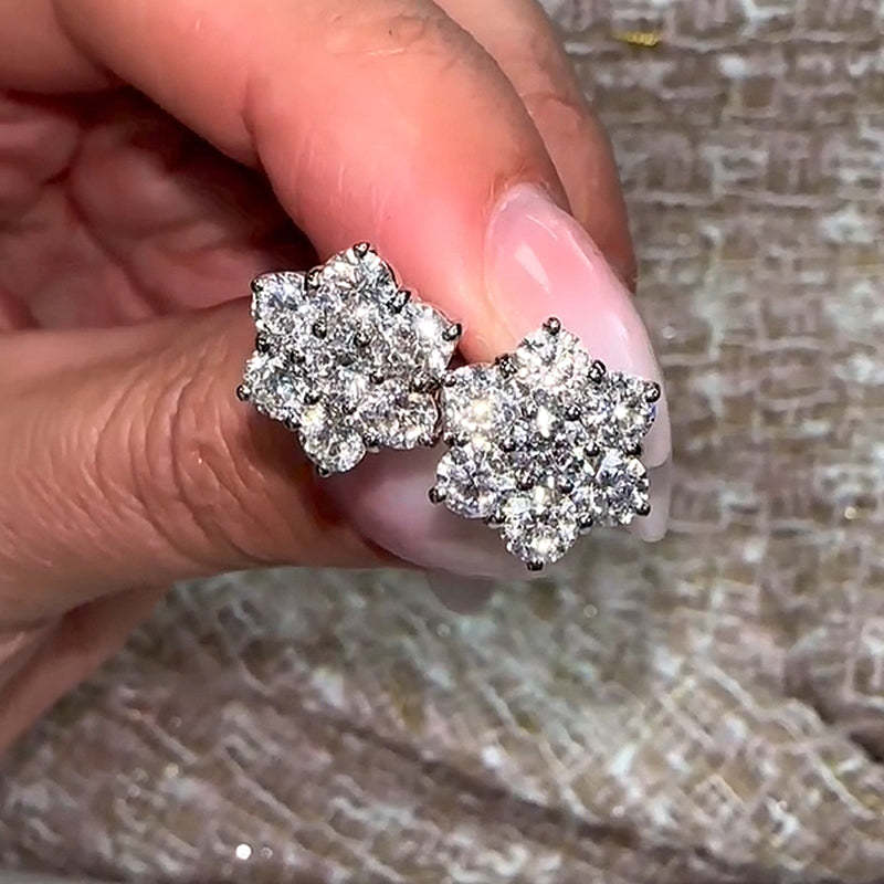 Precious Flower Design Round Cut Earrings-Sterling Silver-lornajewelry