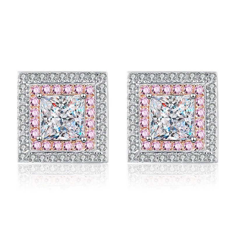 Moissanite Halo Princess Cut Stud Earrings In Sterling Silver-Sterling Silver-lornajewelry