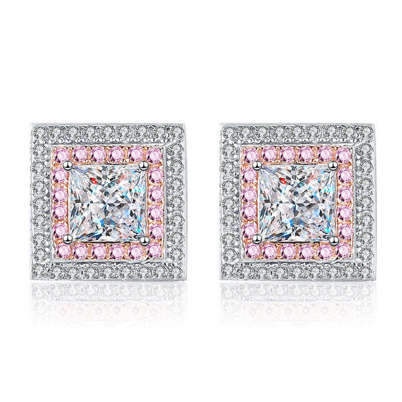 Moissanite Halo Princess Cut Stud Earrings In Sterling Silver-Sterling Silver-lornajewelry
