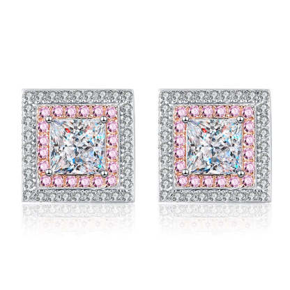 Moissanite Halo Princess Cut Stud Earrings In Sterling Silver-Sterling Silver-lornajewelry