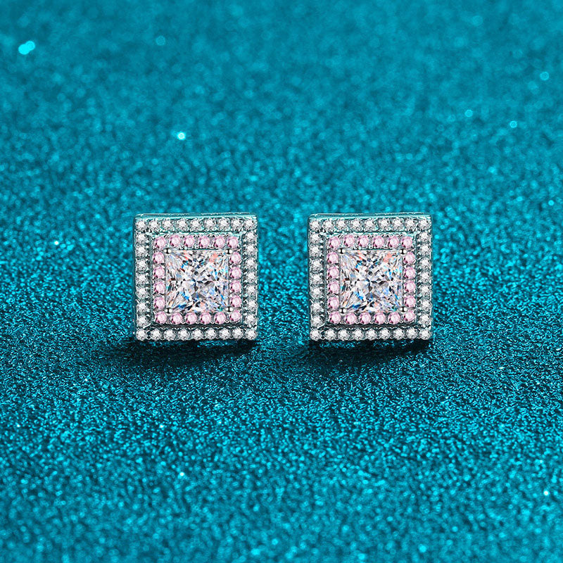 Moissanite Halo Princess Cut Stud Earrings In Sterling Silver-Sterling Silver-lornajewelry