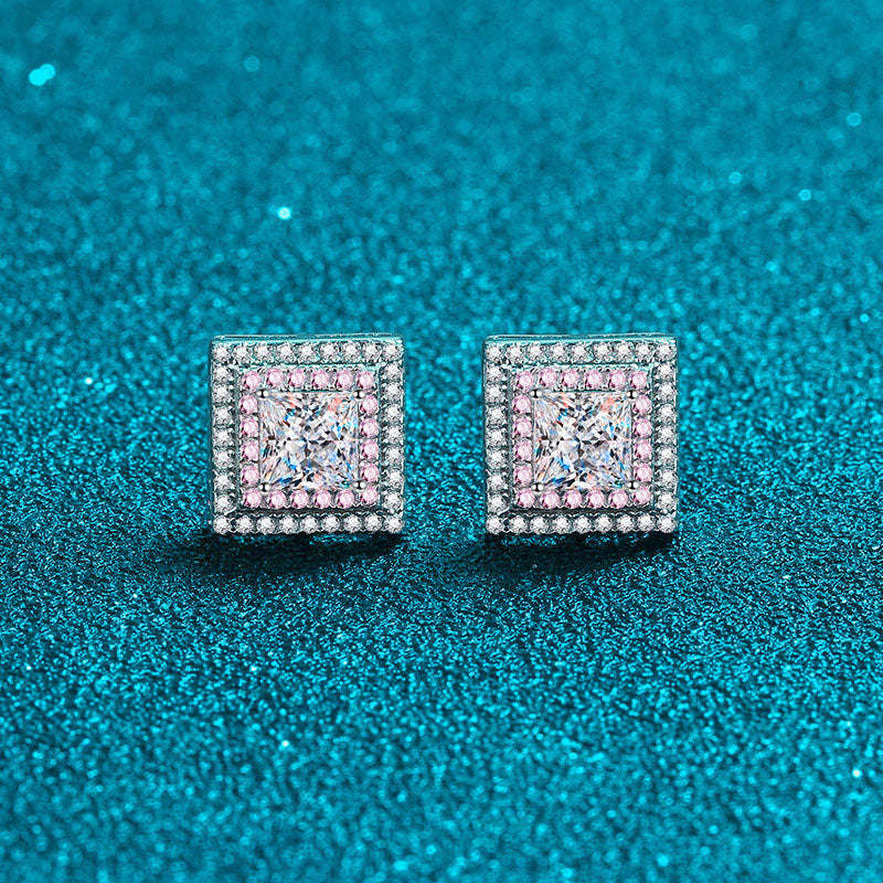 Moissanite Halo Princess Cut Stud Earrings In Sterling Silver-Sterling Silver-lornajewelry