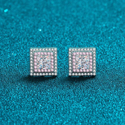 Moissanite Halo Princess Cut Stud Earrings In Sterling Silver-Sterling Silver-lornajewelry