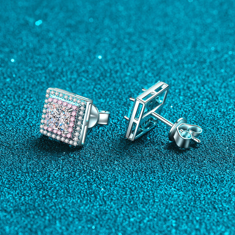 Moissanite Halo Princess Cut Stud Earrings In Sterling Silver-Sterling Silver-lornajewelry