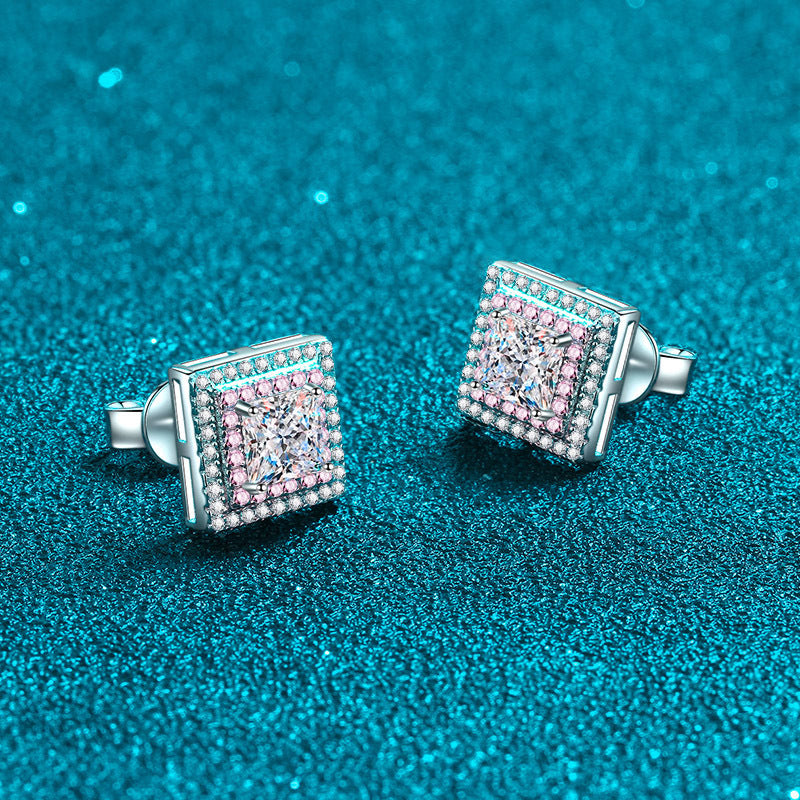 Moissanite Halo Princess Cut Stud Earrings In Sterling Silver-Sterling Silver-lornajewelry