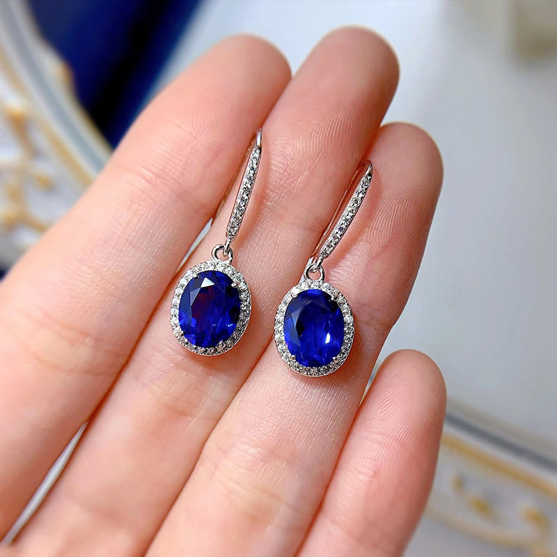 Elegant Sapphire Oval Cut Women's Earrings-Sterling Silver-lornajewelry