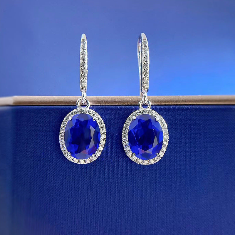 Elegant Sapphire Oval Cut Women's Earrings-Sterling Silver-lornajewelry