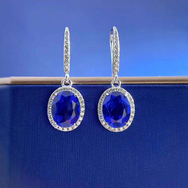 Elegant Sapphire Oval Cut Women's Earrings-Sterling Silver-lornajewelry