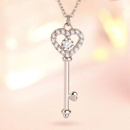 Heart Key White Sapphire Pendant Charm Necklace In Sterling Silver-Sterling Silver-lornajewelry