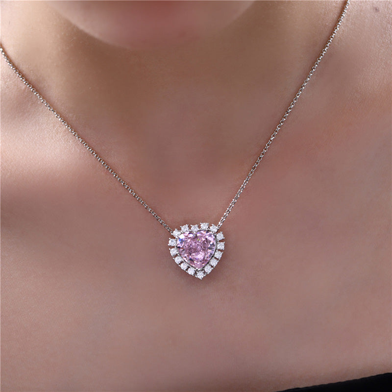 Halo Heart Cut Pink Sapphire Sterling Silver Necklace For Women-Sterling Silver-lornajewelry