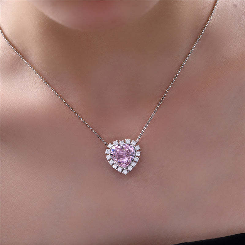 Halo Heart Cut Pink Sapphire Sterling Silver Necklace For Women-Sterling Silver-lornajewelry