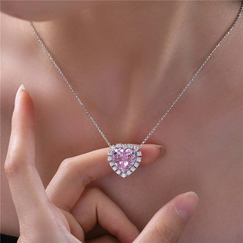 Halo Heart Cut Pink Sapphire Sterling Silver Necklace For Women-Sterling Silver-lornajewelry