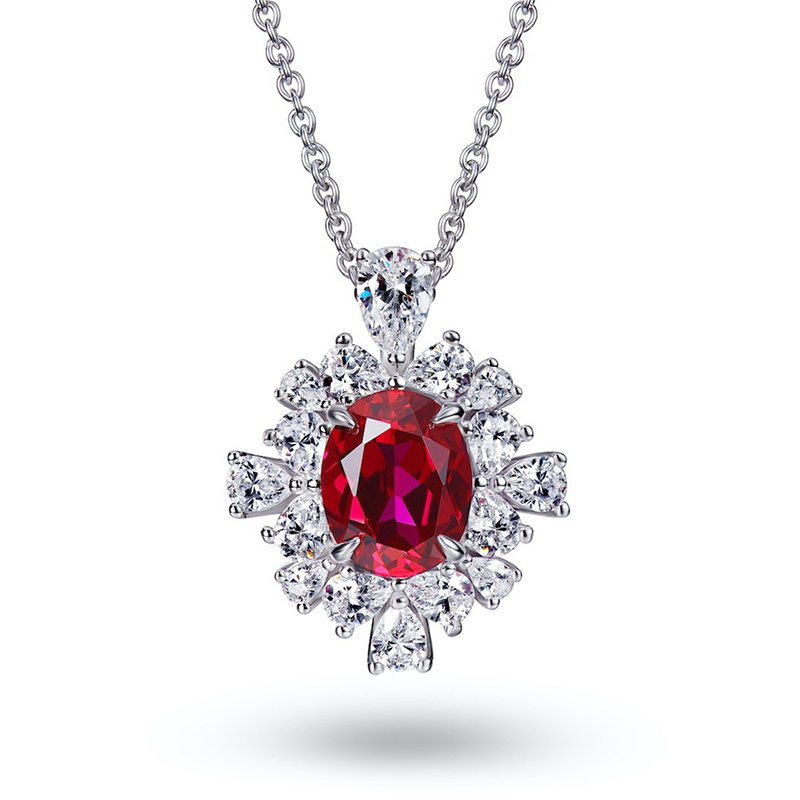 2.5 Carat Halo Ruby Oval Cut Pendant with Necklace In Sterling Silver-Sterling Silver-lornajewelry