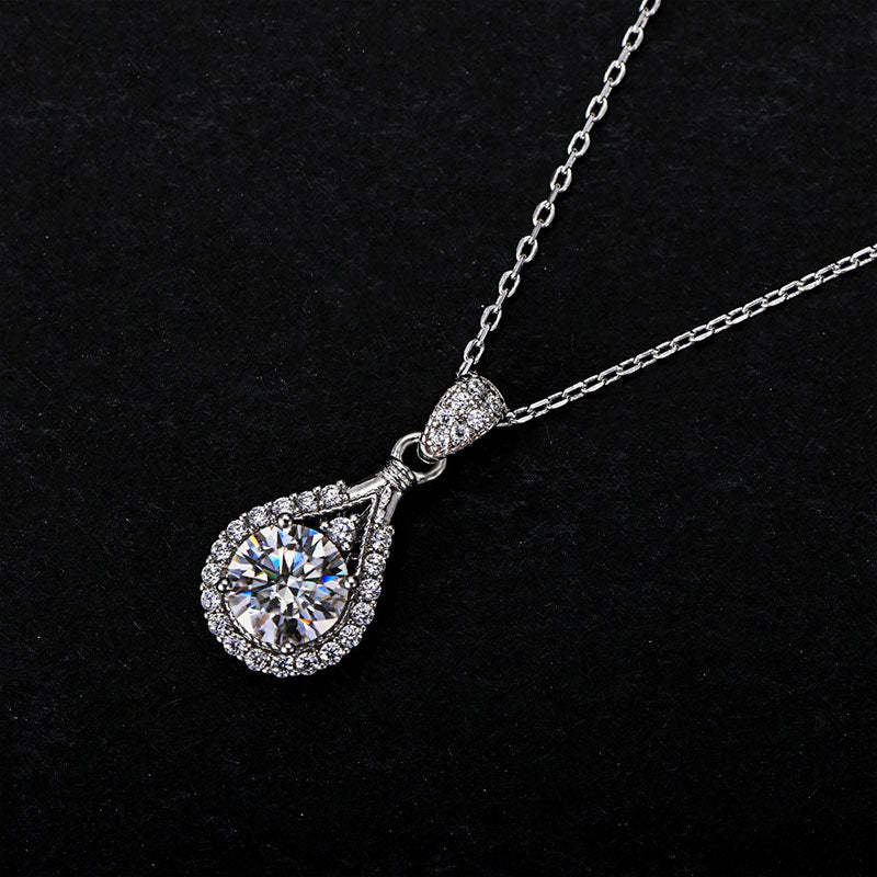 Moissanite Halo Round Cut Pendant Necklace-Sterling Silver-lornajewelry