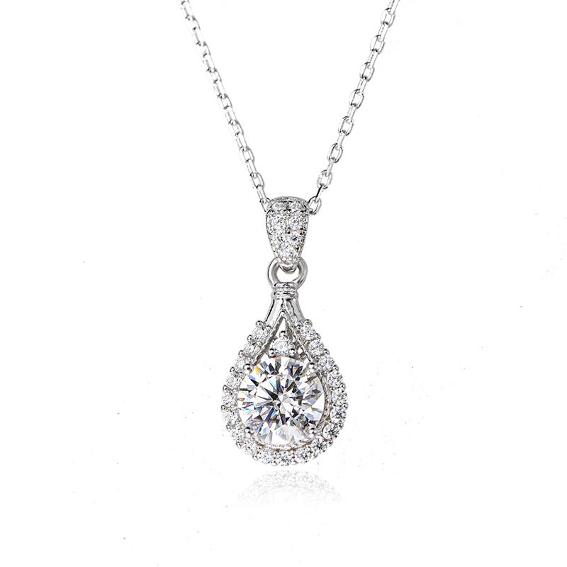 Moissanite Halo Round Cut Pendant Necklace-Sterling Silver-lornajewelry