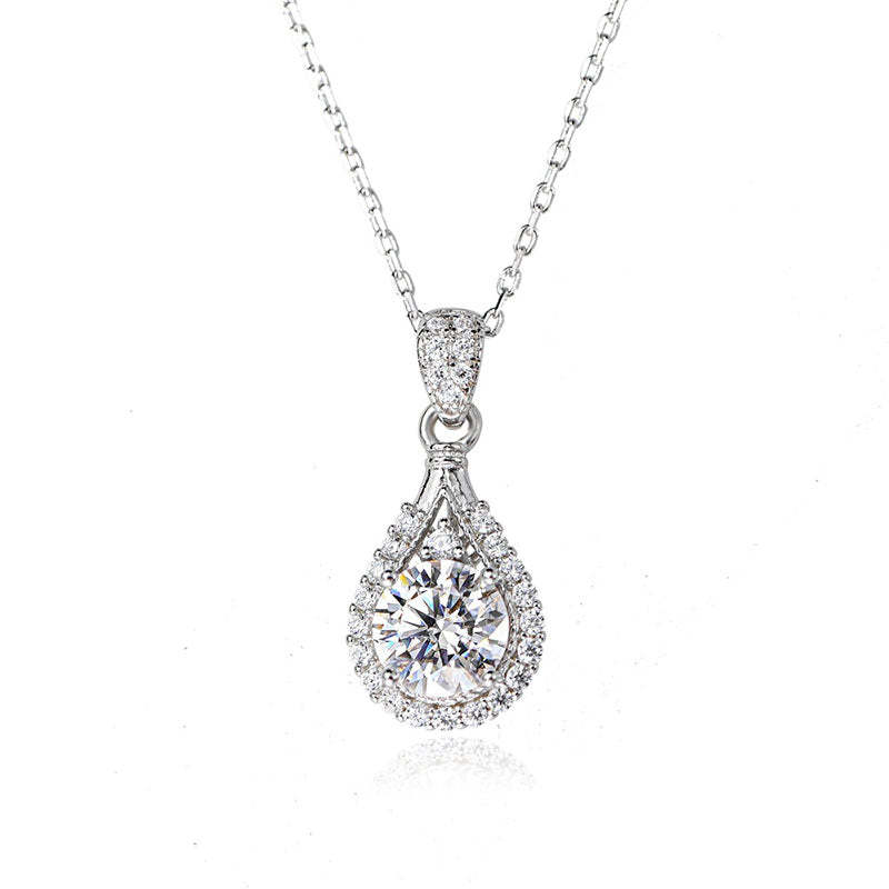 Moissanite Halo Round Cut Pendant Necklace-Sterling Silver-lornajewelry