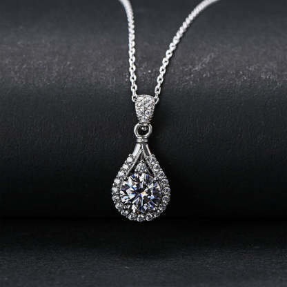 Moissanite Halo Round Cut Pendant Necklace-Sterling Silver-lornajewelry