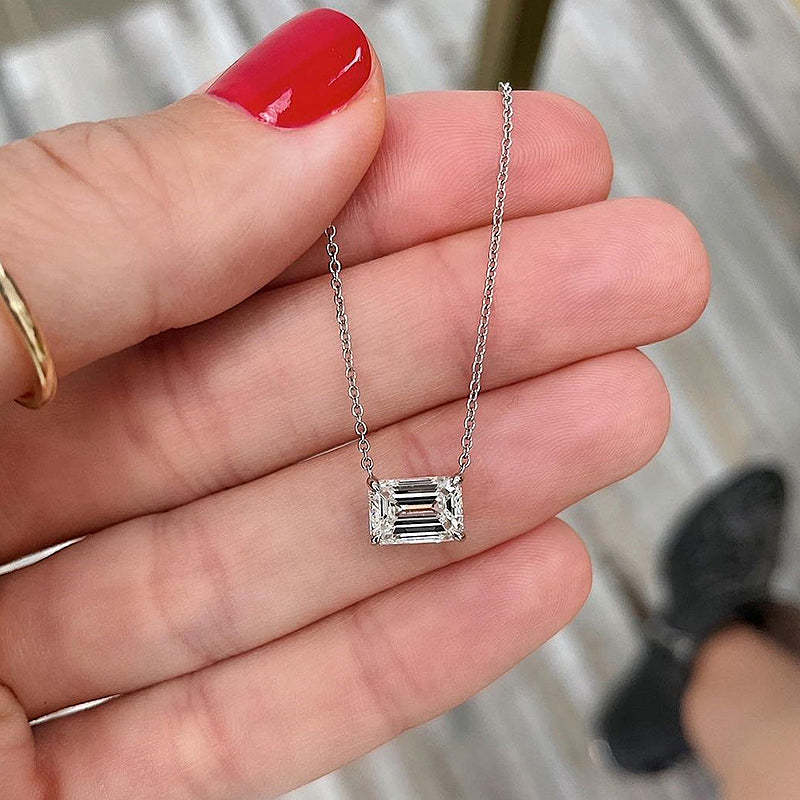 Simple Emerald Cut Pendant Necklace In Sterling Silver-Sterling Silver-lornajewelry