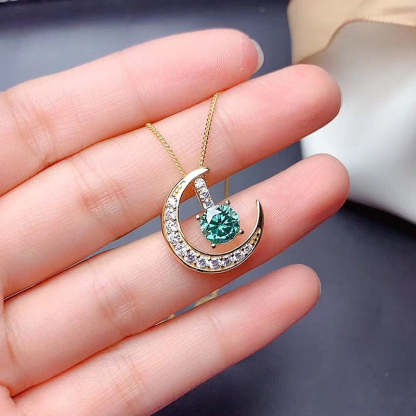 Yellow Gold Moon Design Round Cut Paraiba Tourmaline Pendant Necklace-Sterling Silver-lornajewelry