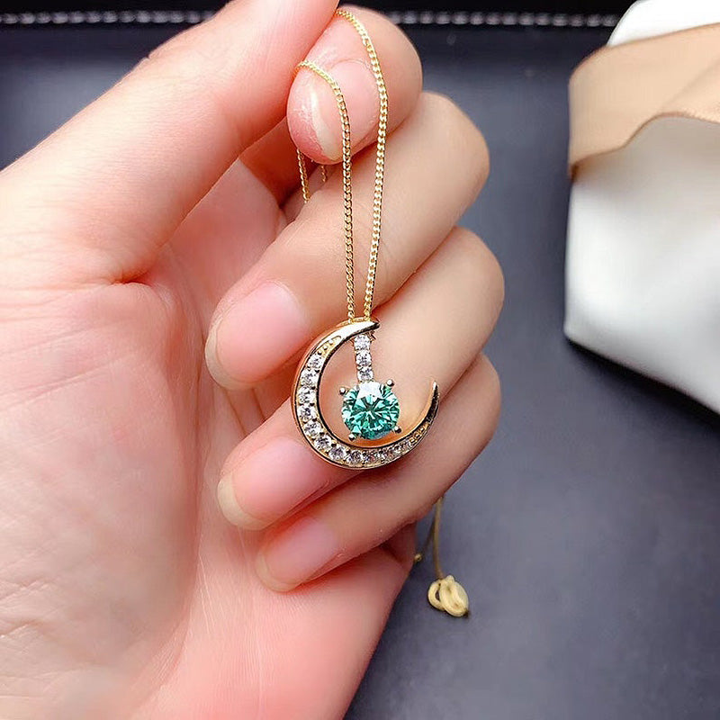 Yellow Gold Moon Design Round Cut Paraiba Tourmaline Pendant Necklace-Sterling Silver-lornajewelry