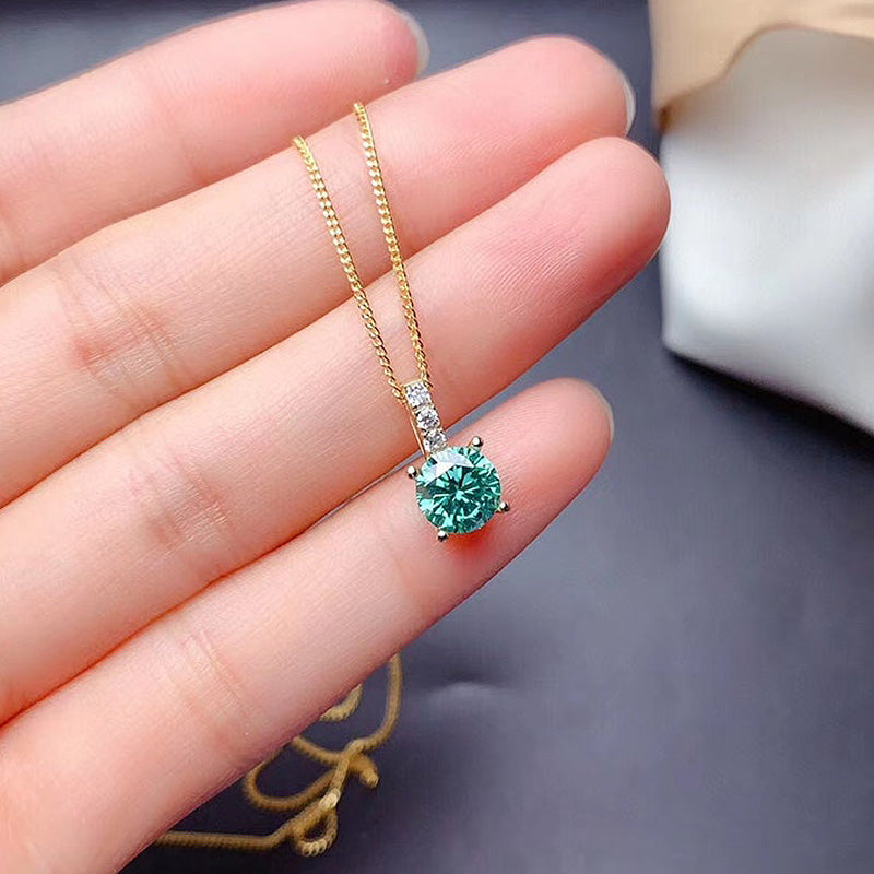 Yellow Gold Moon Design Round Cut Paraiba Tourmaline Pendant Necklace-Sterling Silver-lornajewelry