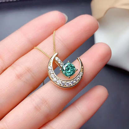 Yellow Gold Moon Design Round Cut Paraiba Tourmaline Pendant Necklace-Sterling Silver-lornajewelry