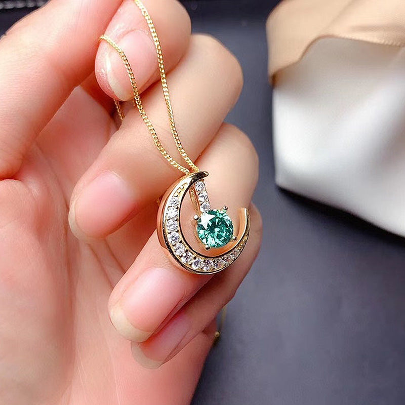Yellow Gold Moon Design Round Cut Paraiba Tourmaline Pendant Necklace-Sterling Silver-lornajewelry