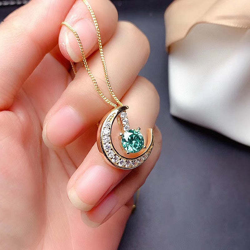 Yellow Gold Moon Design Round Cut Paraiba Tourmaline Pendant Necklace-Sterling Silver-lornajewelry