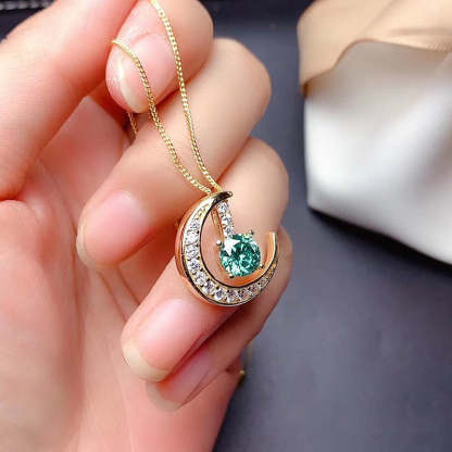 Yellow Gold Moon Design Round Cut Paraiba Tourmaline Pendant Necklace-Sterling Silver-lornajewelry