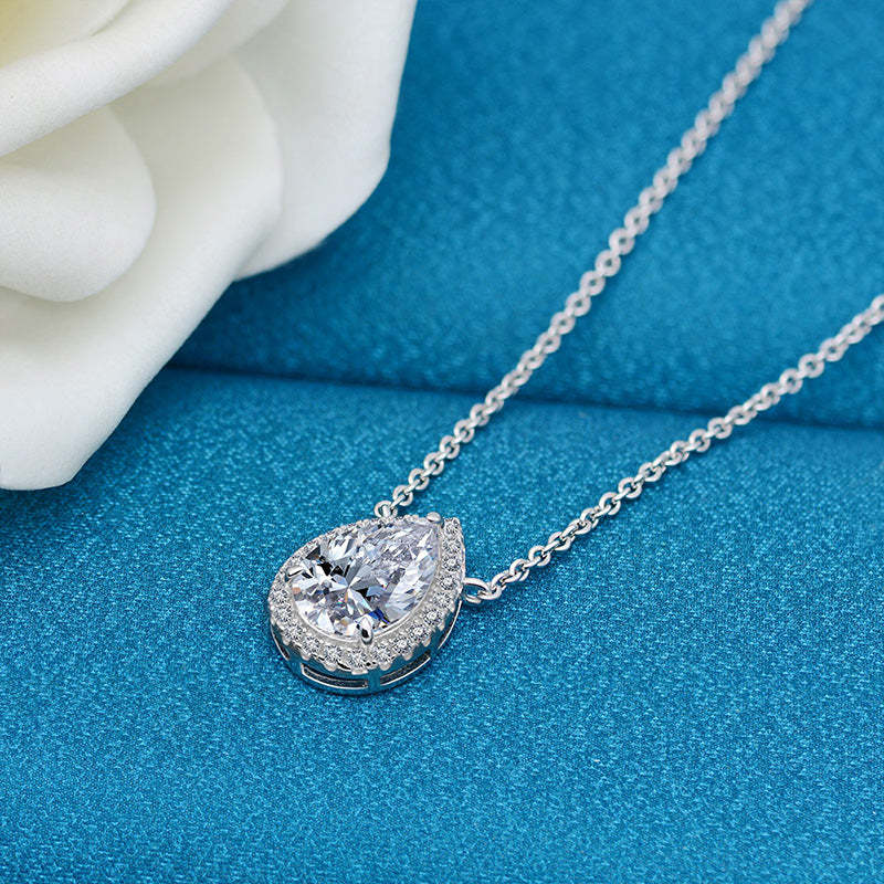 Elegant Halo Pear Cut Necklace For Women In Sterling Silver-Sterling Silver-lornajewelry