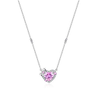 Halo Heart Cut Pink Stone Necklace-Sterling Silver-lornajewelry